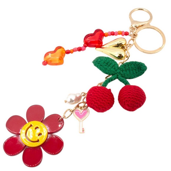 Viola Other - Cherry and Flower Bag Charm Keychain with Red and Pink Accents